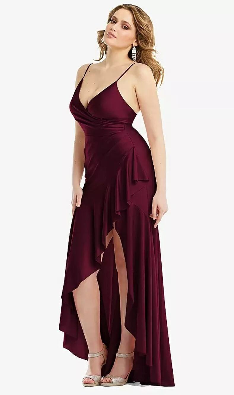 2844 NWOT CS111 Pleated Wrap Ruffled High Low Stretch Satin Gown w/Slight Train